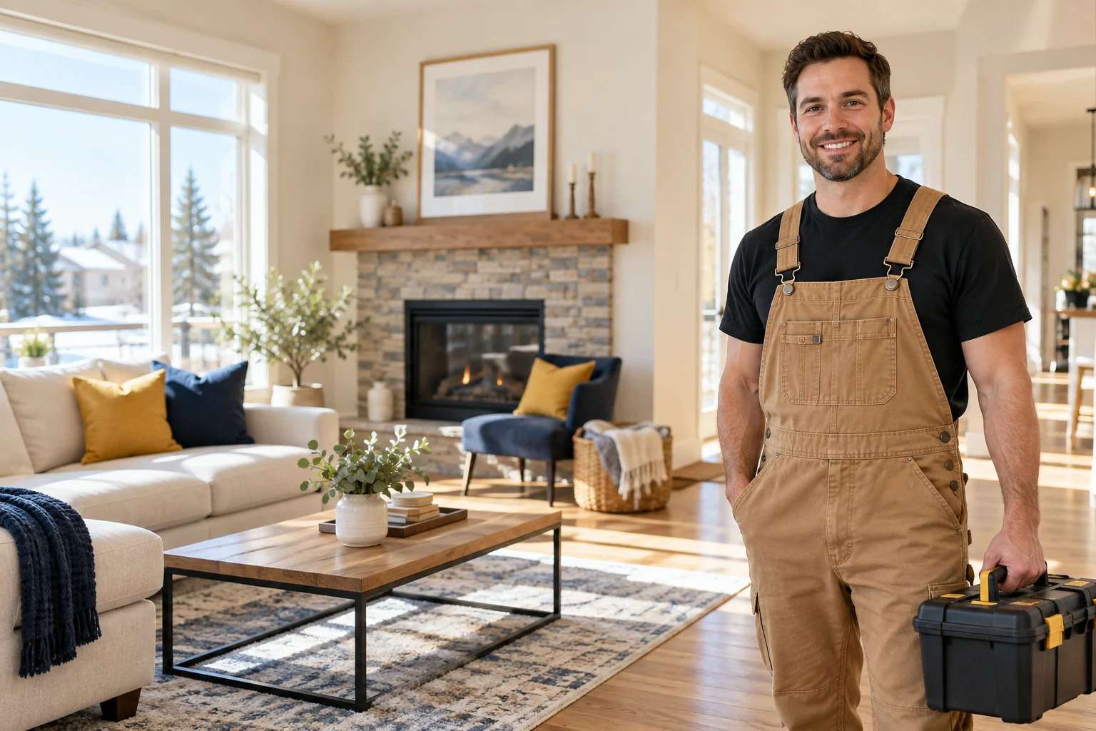 A handyman holding a toolbox in a bright home